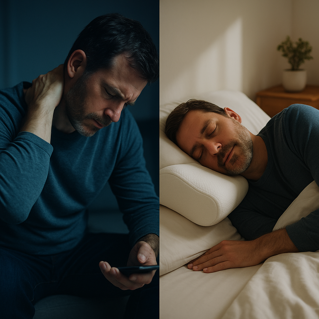 Man experiencing neck pain while using a phone, contrasted with a man sleeping peacefully on a pillow.